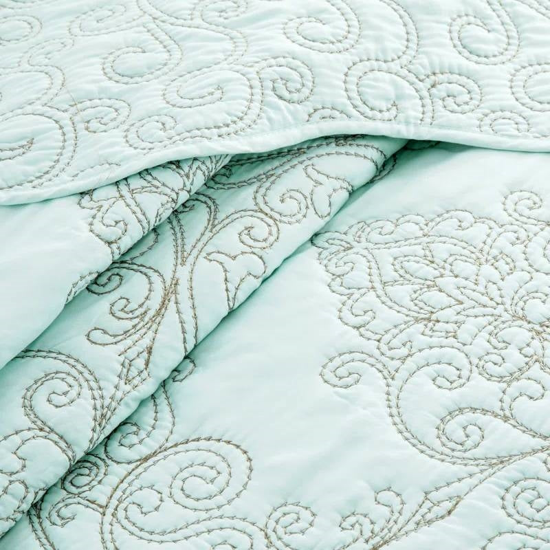 King size Light Blue Damask Embroidered 4 Piece Oversized Bedspread Set-4