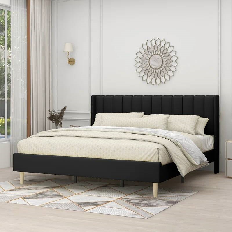 King size Mid-Century Black Linen Platform Bed Frame with Upholstered Headboard-0