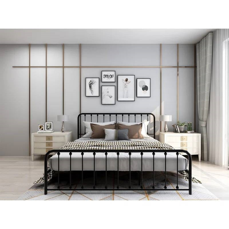 King Black Metal Platform Bed Frame with Rounded Corners Headboard Footboard-0
