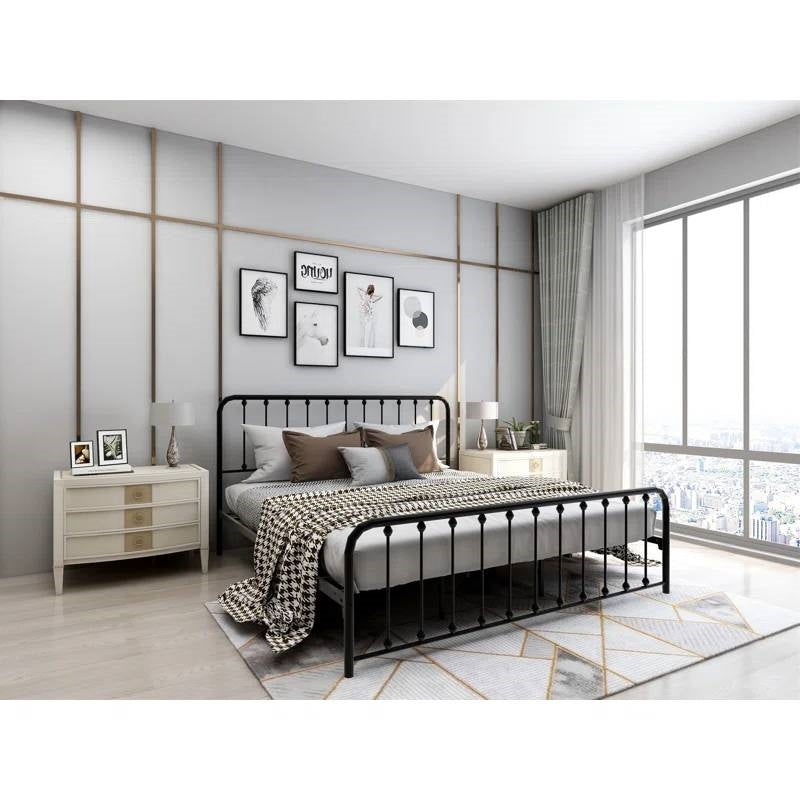King Black Metal Platform Bed Frame with Rounded Corners Headboard Footboard-1