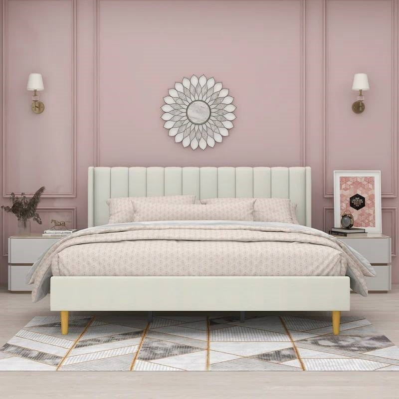 King Mid-Century Platform Bed Frame with Cream Velvet Upholstered Headboard-0