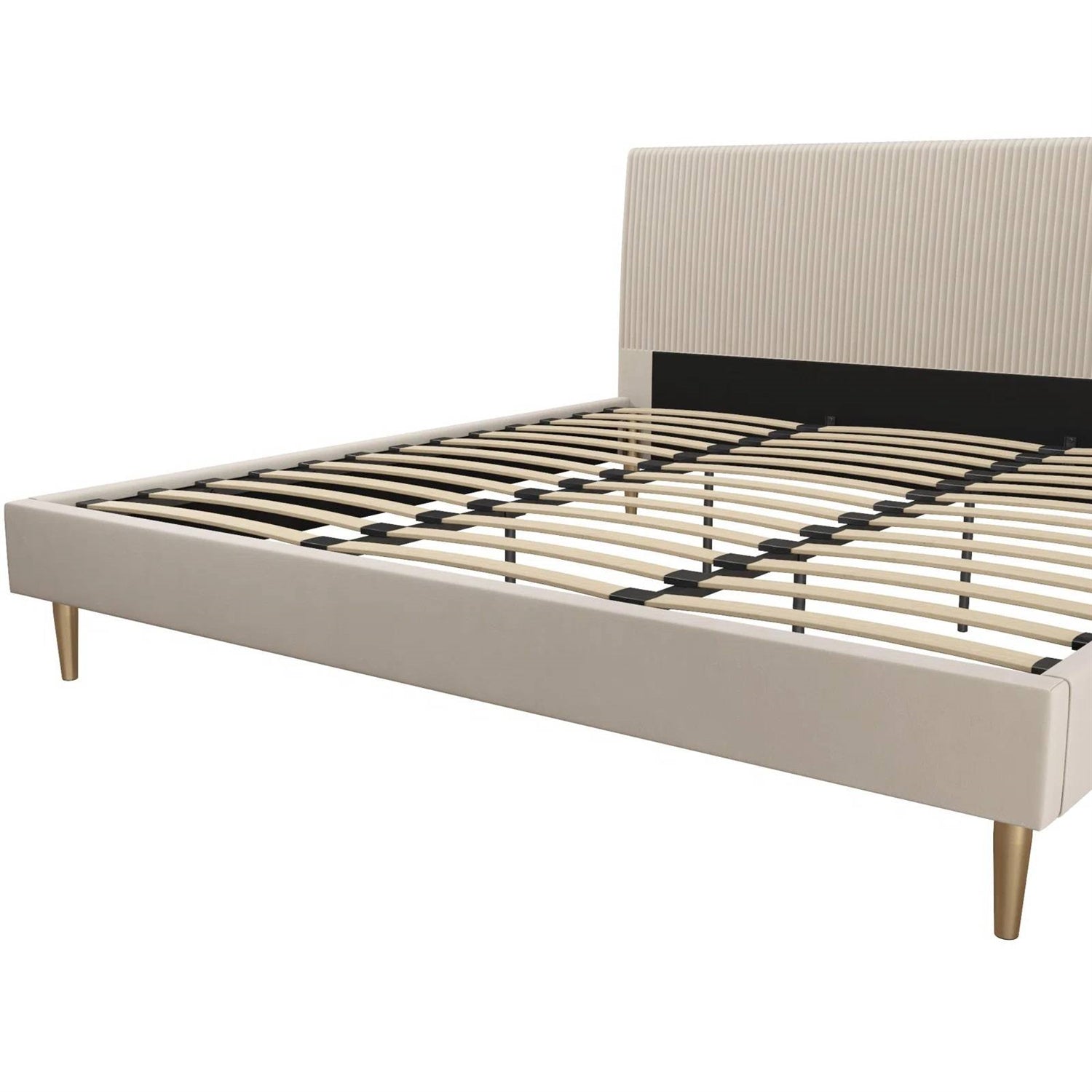 King Mid-Century Off-White Velvet Upholstered Platform Bed Frame with Headboard-2