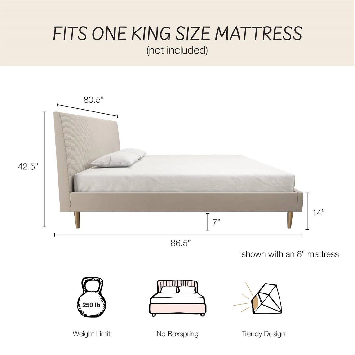 King Mid-Century Off-White Velvet Upholstered Platform Bed Frame with Headboard-4