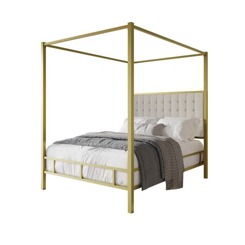 King size Gold Metal Canopy Bed with Upholstered Button-Tufted Headboard-0
