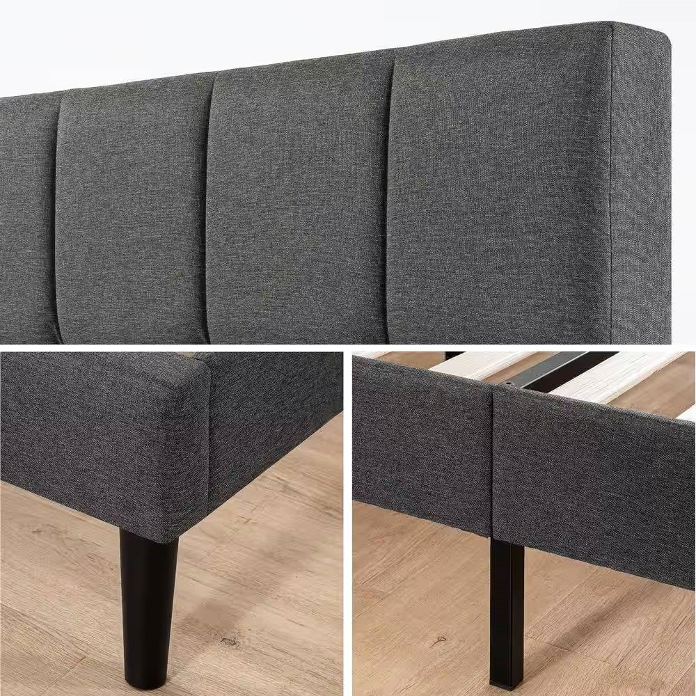 King size Grey Upholstered Platform Bed Frame with Padded Headboard-3