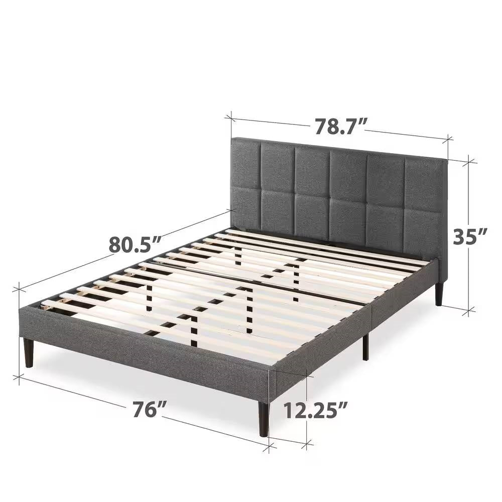 King size Grey Upholstered Platform Bed Frame with Padded Headboard-4