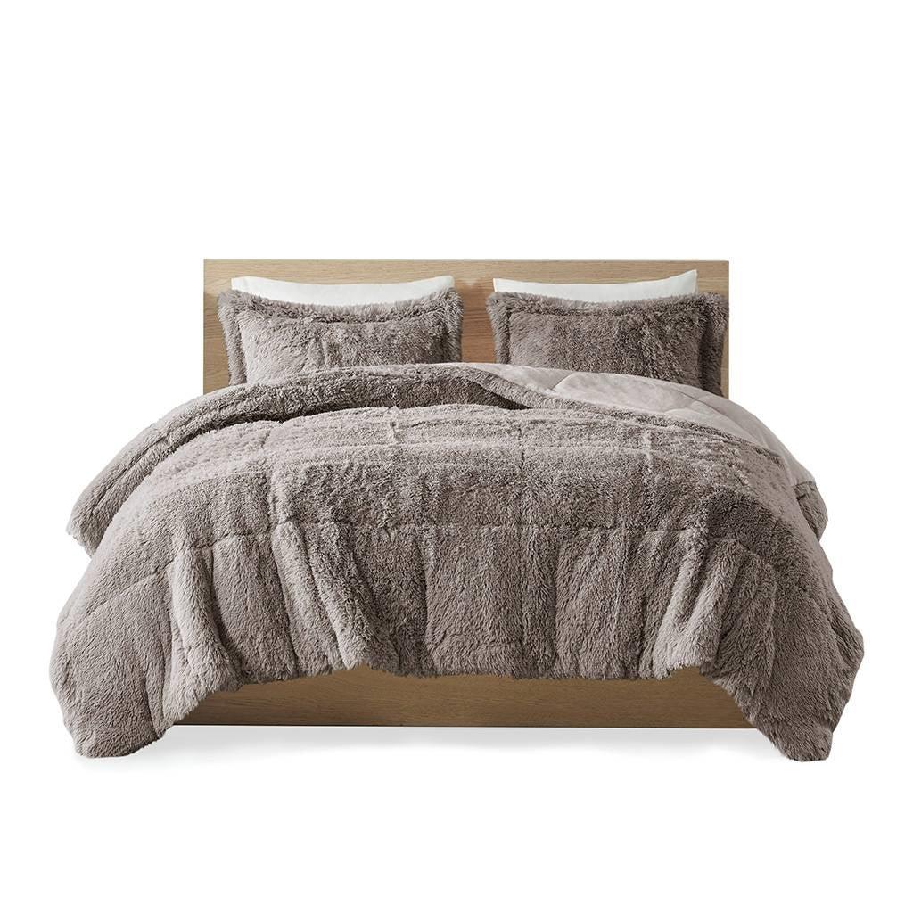 King/CAL King Grey Soft Sherpa Faux Fur 3-Piece Comforter Set with Pillow Shams - PRHOMZ