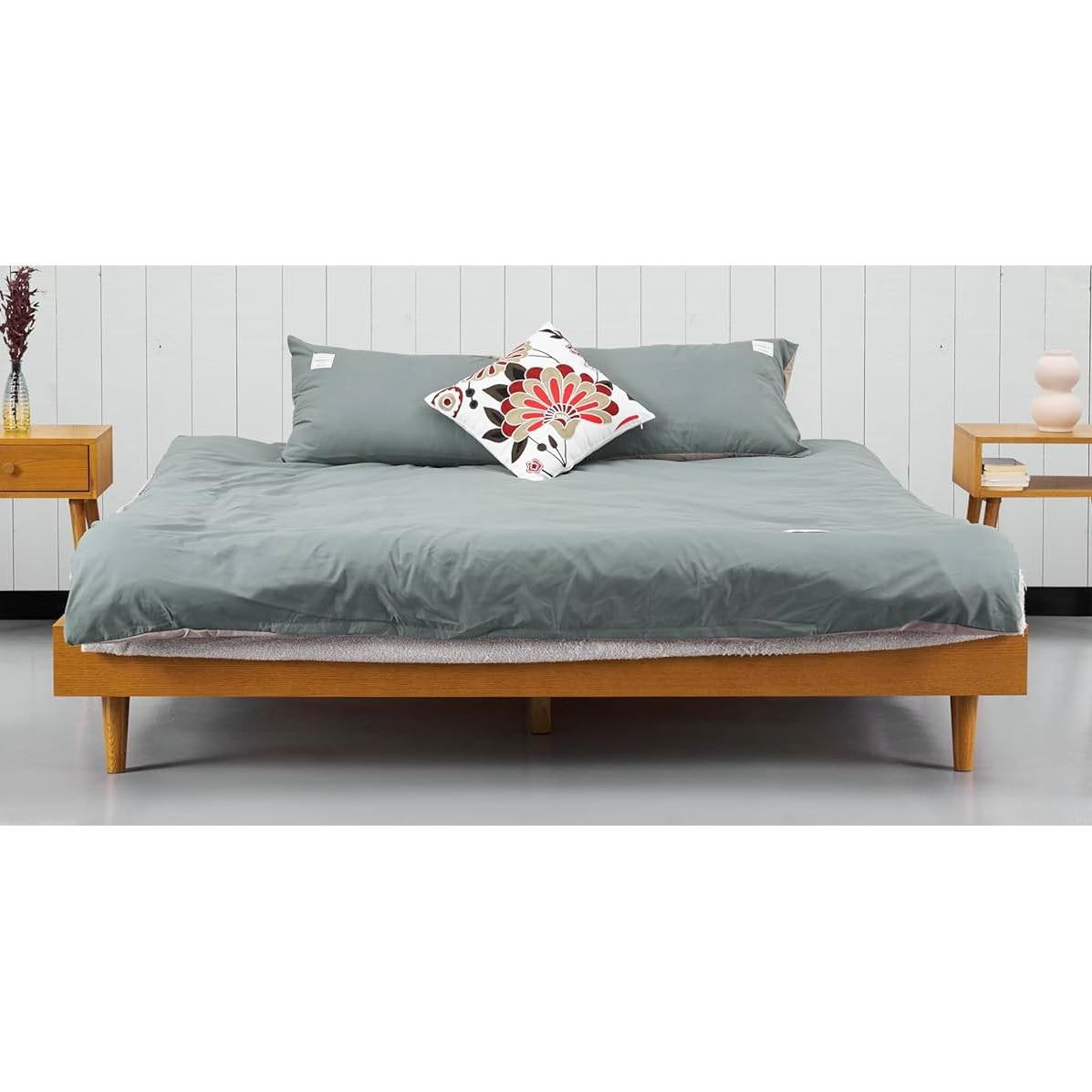 King size Mid-Century Modern Platform Bed Frame in Light Wood Finish-0