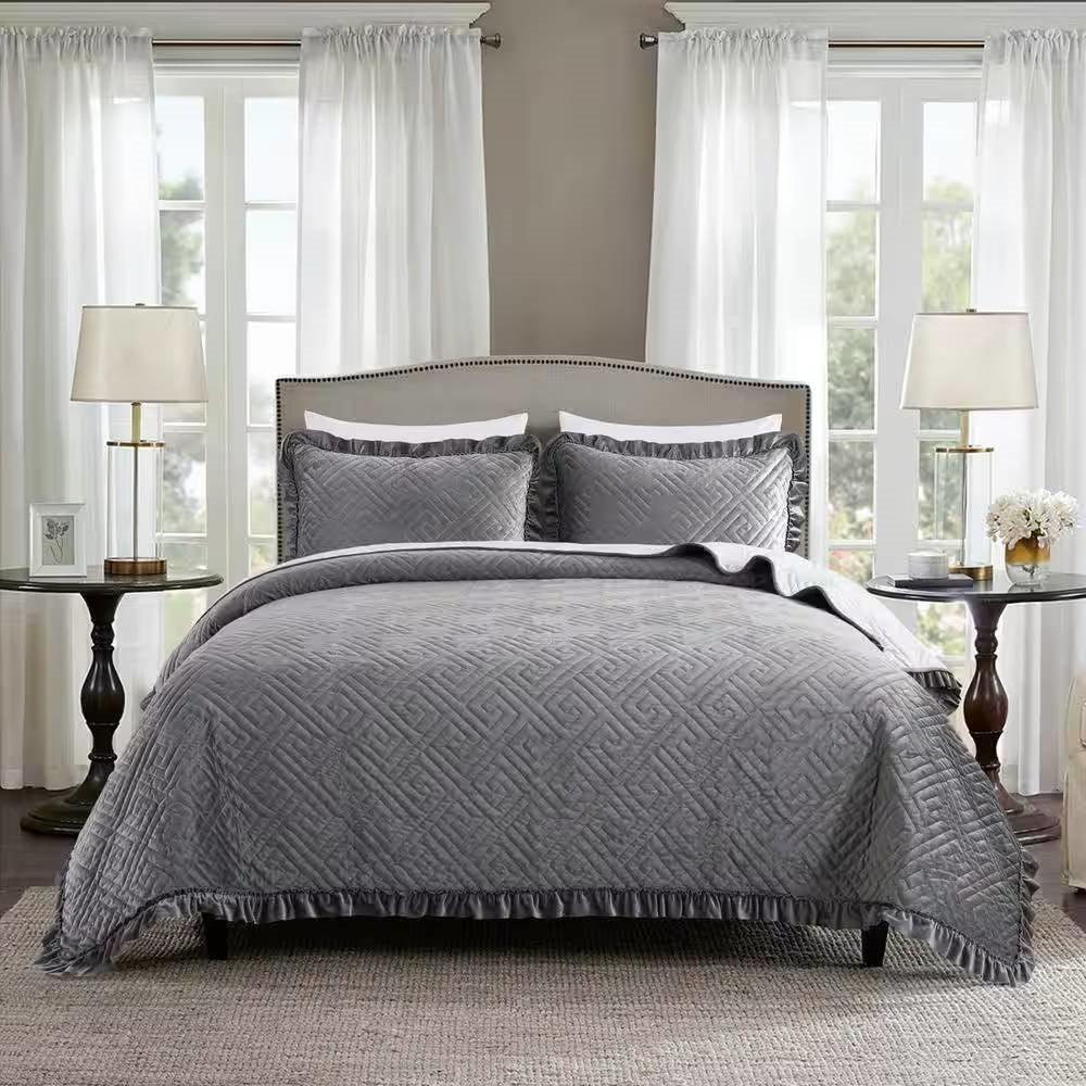 King Gray Charcoal Velvet Microfiber Polyester Reversible 3-Piece Quilt Set - PRHOMZ