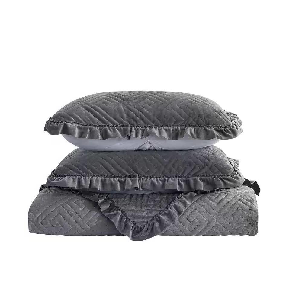 King Gray Charcoal Velvet Microfiber Polyester Reversible 3-Piece Quilt Set - PRHOMZ
