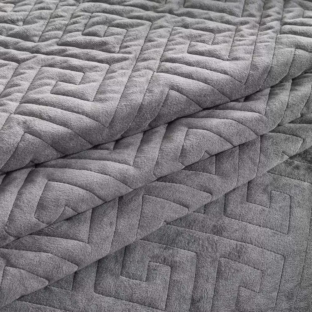 King Gray Charcoal Velvet Microfiber Polyester Reversible 3-Piece Quilt Set - PRHOMZ