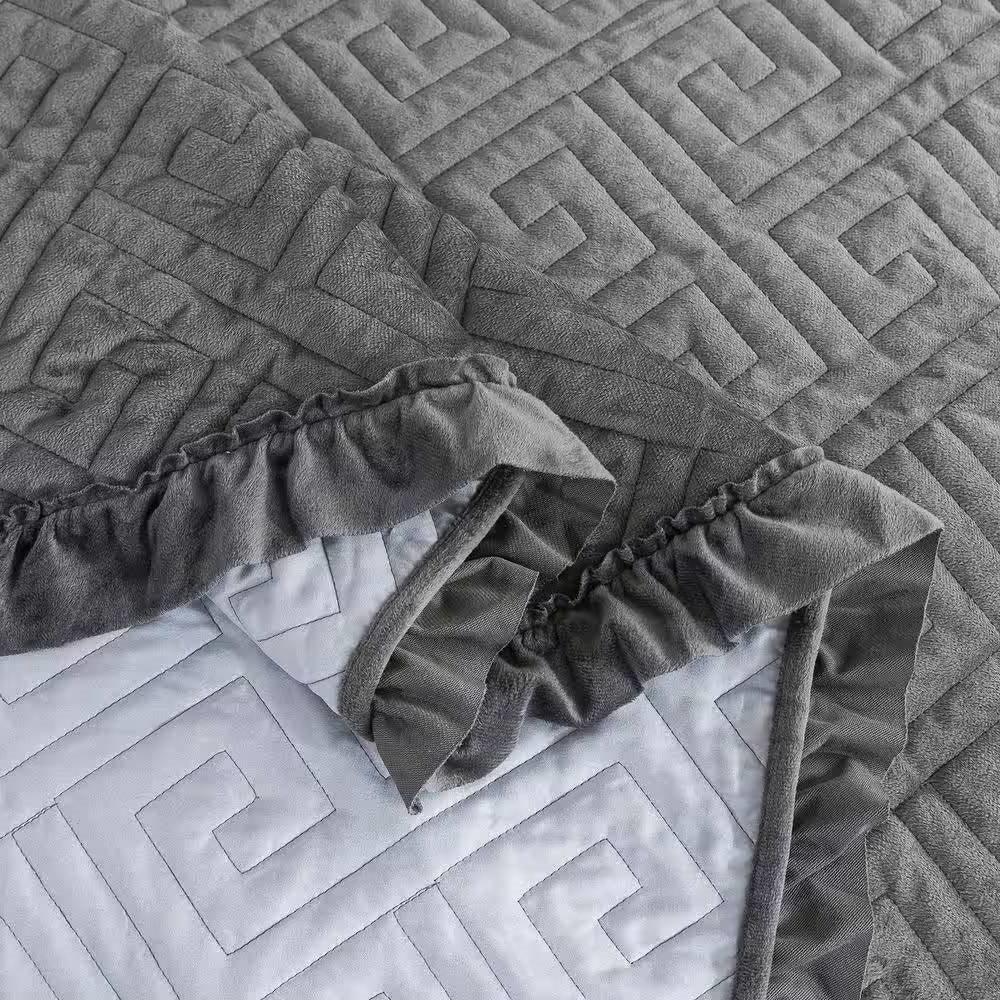 King Gray Charcoal Velvet Microfiber Polyester Reversible 3-Piece Quilt Set - PRHOMZ