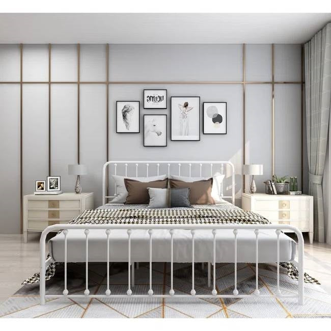 King White Metal Platform Bed Frame with Rounded Corners Headboard Footboard