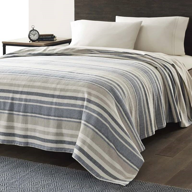 King size Navy Blue Tan Cream Chevron Stripe Lightweight Cotton Blanket-0