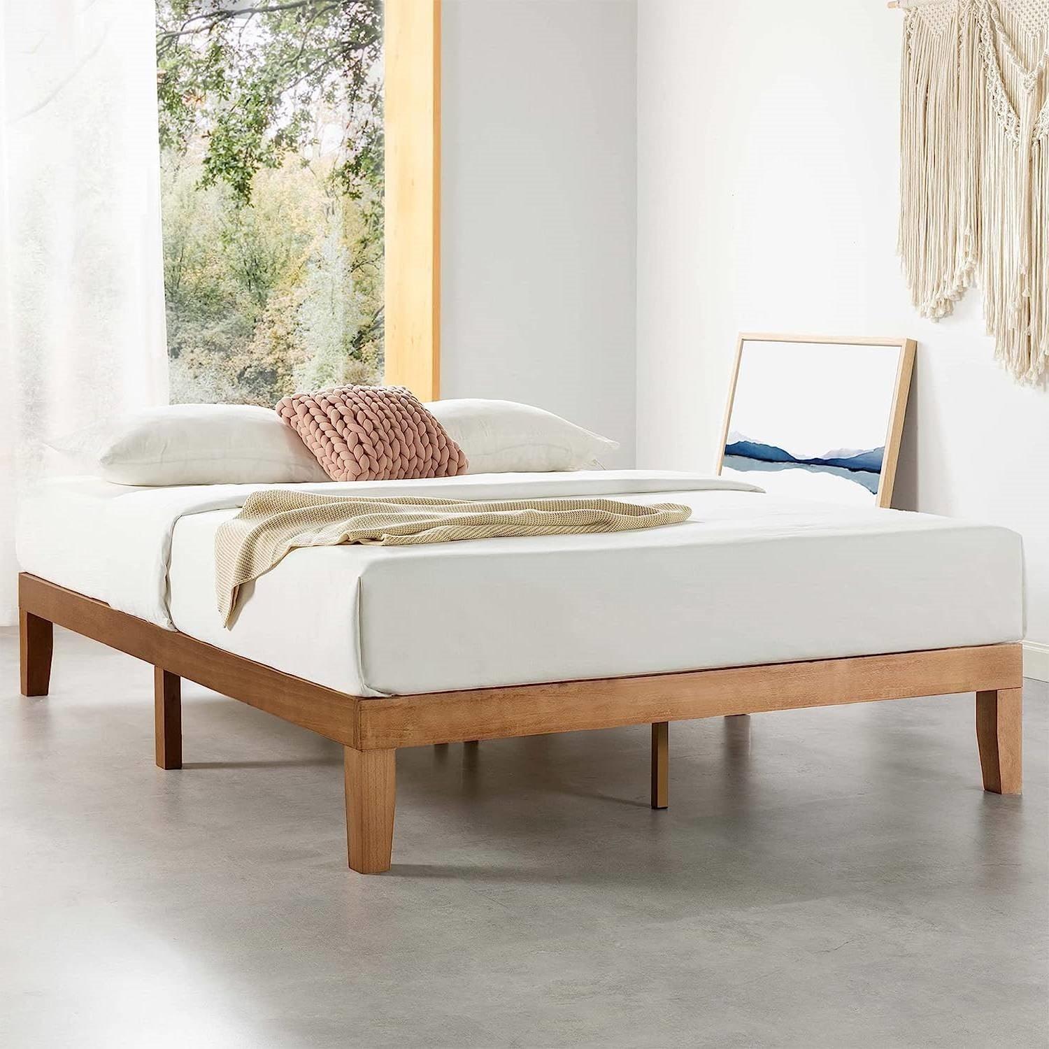 King size Solid Wood Platform Bed Frame in Natural Wooden Finish - PRHOMZ