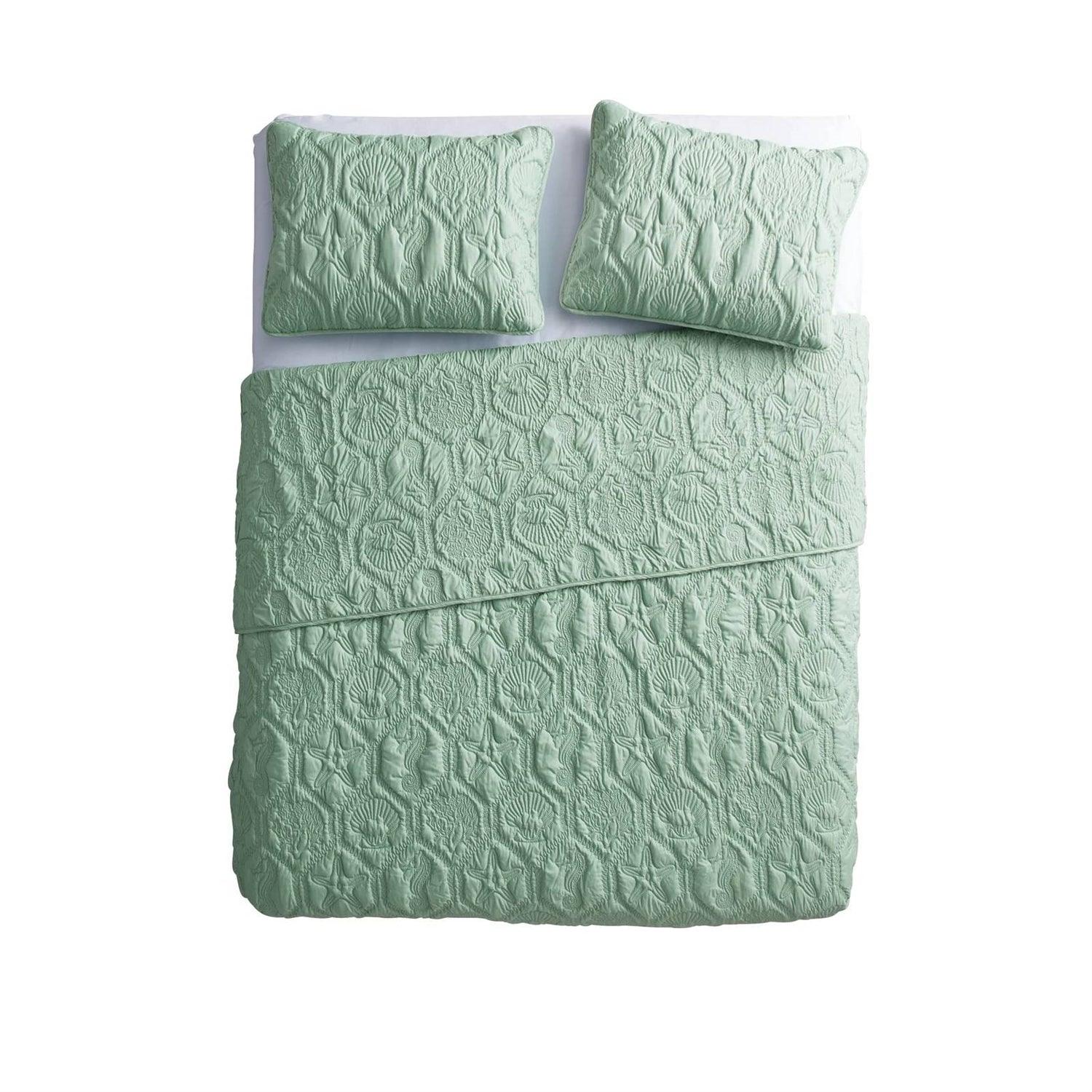 King Coastal Beach Starfish Seashell Seahorse Light Green Teal Quilt Set - PRHOMZ