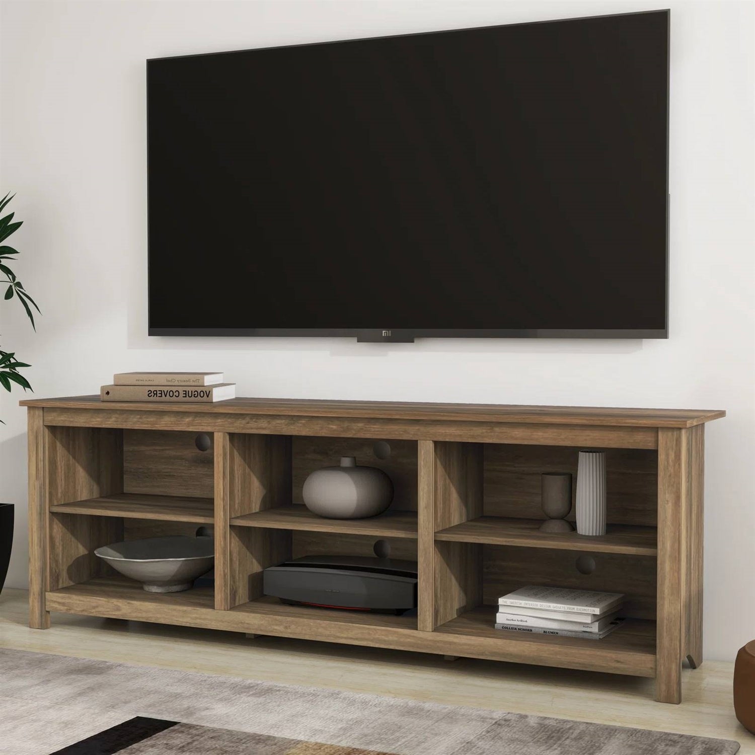 Farmhouse Style TV Stand with 6 Storage Compartments in Brown Oak Wood Finish-1