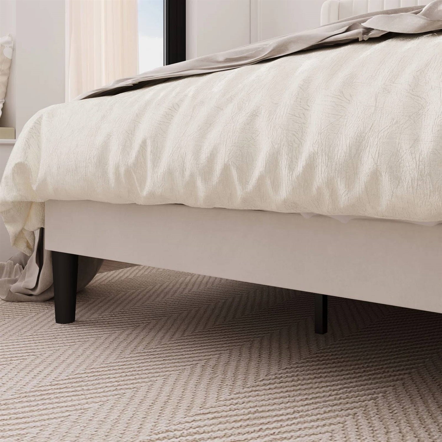 King size White Velvet Upholstered Platform Bed Frame with Wingback Headboard-2