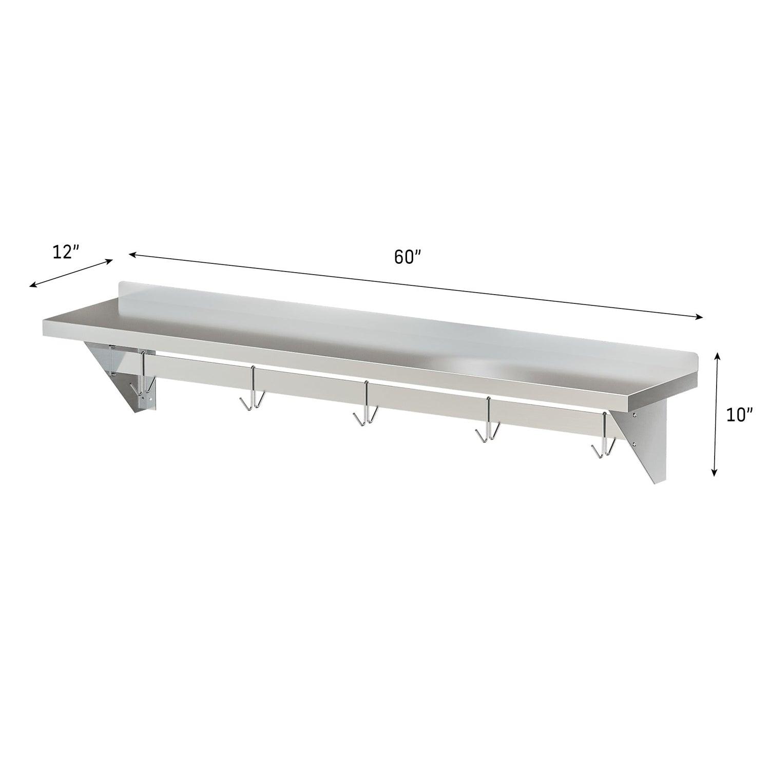 Stainless Steel Heavy Duty Wall Shelf with Pot Rack - 12 inches x 60 inches - PRHOMZ