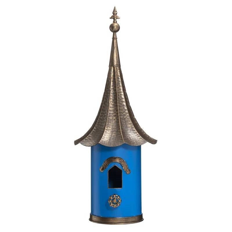 Outdoor Teal Blue Metal Birdhouse with Vintage Bronze Phonograph Style Roof-0