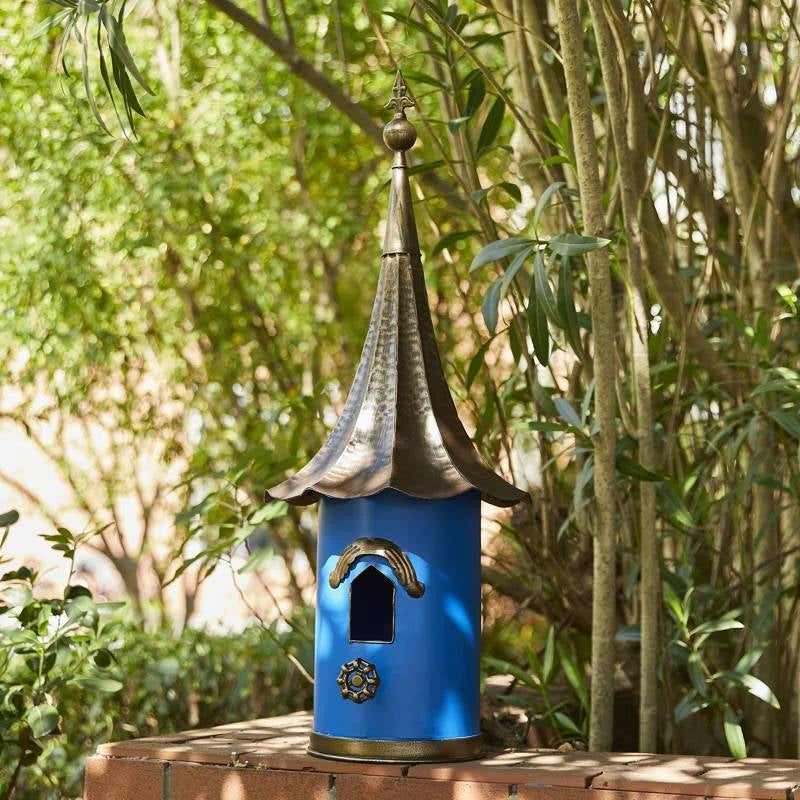Outdoor Teal Blue Metal Birdhouse with Vintage Bronze Phonograph Style Roof-1