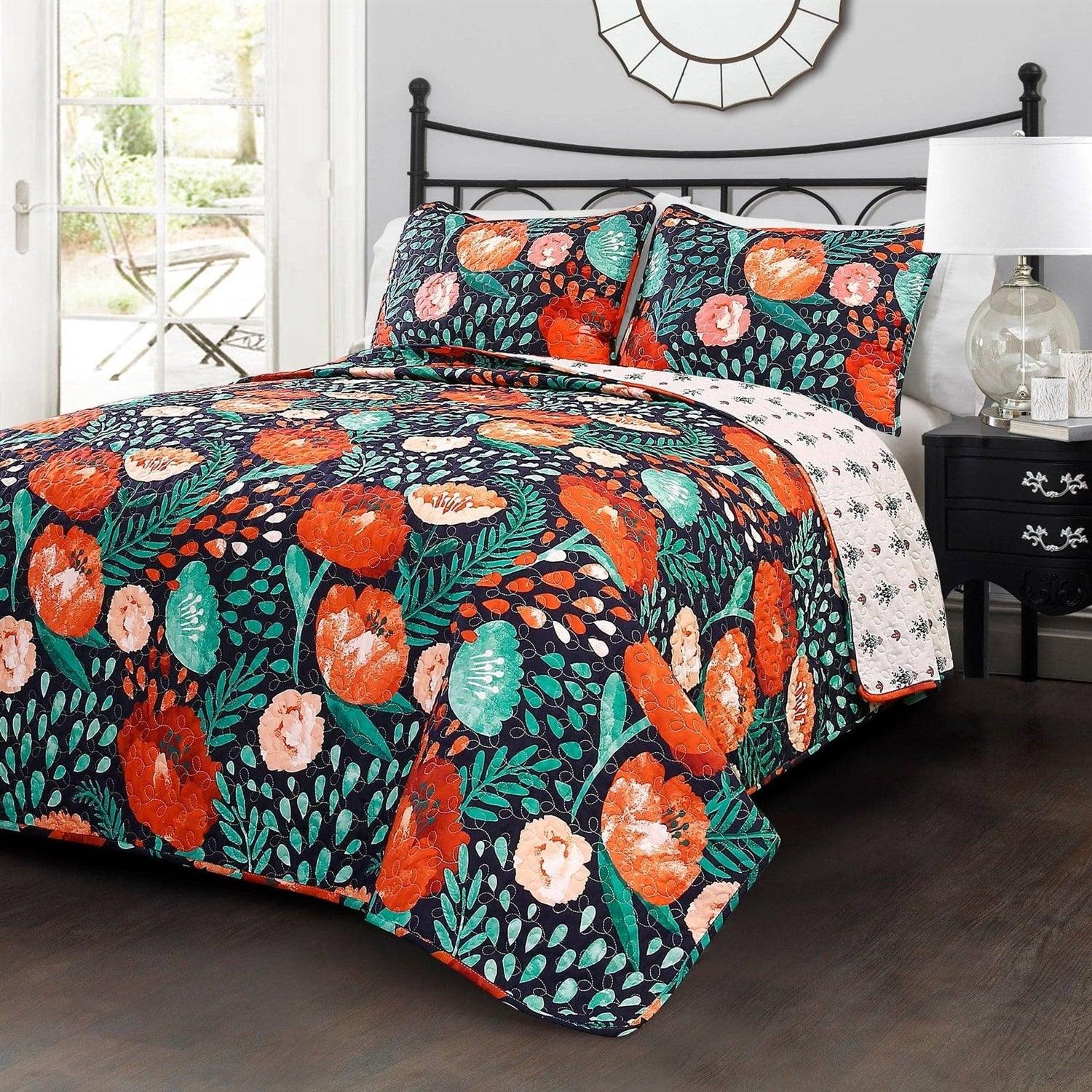 King size Boho Floral Red Poppy Navy Teal Lightweight 3 Piece Cotton Quilt Set - PRHOMZ