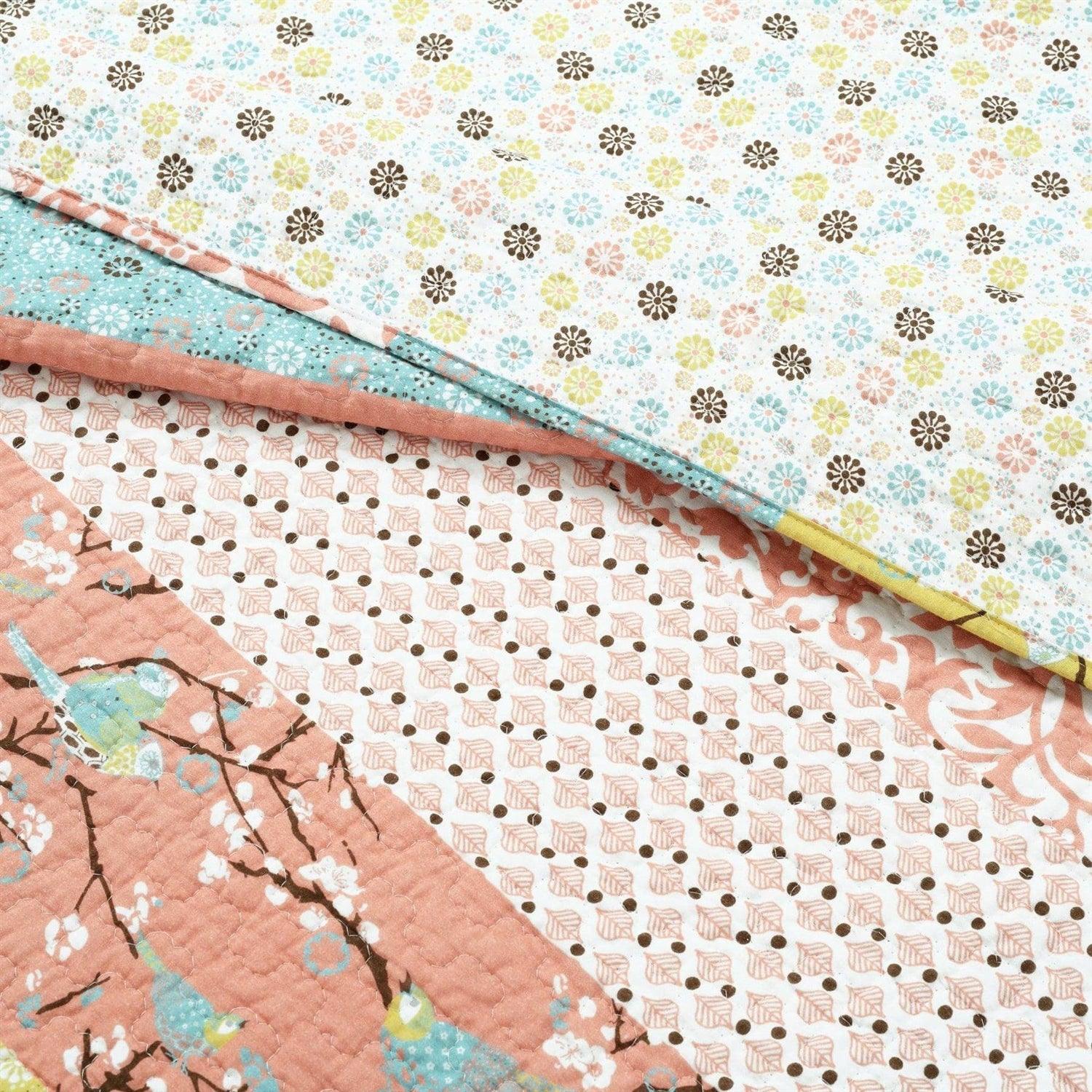 King size Blue Yellow Pink Ivory Boho Floral Reversible Lightweight Quilt Set - PRHOMZ