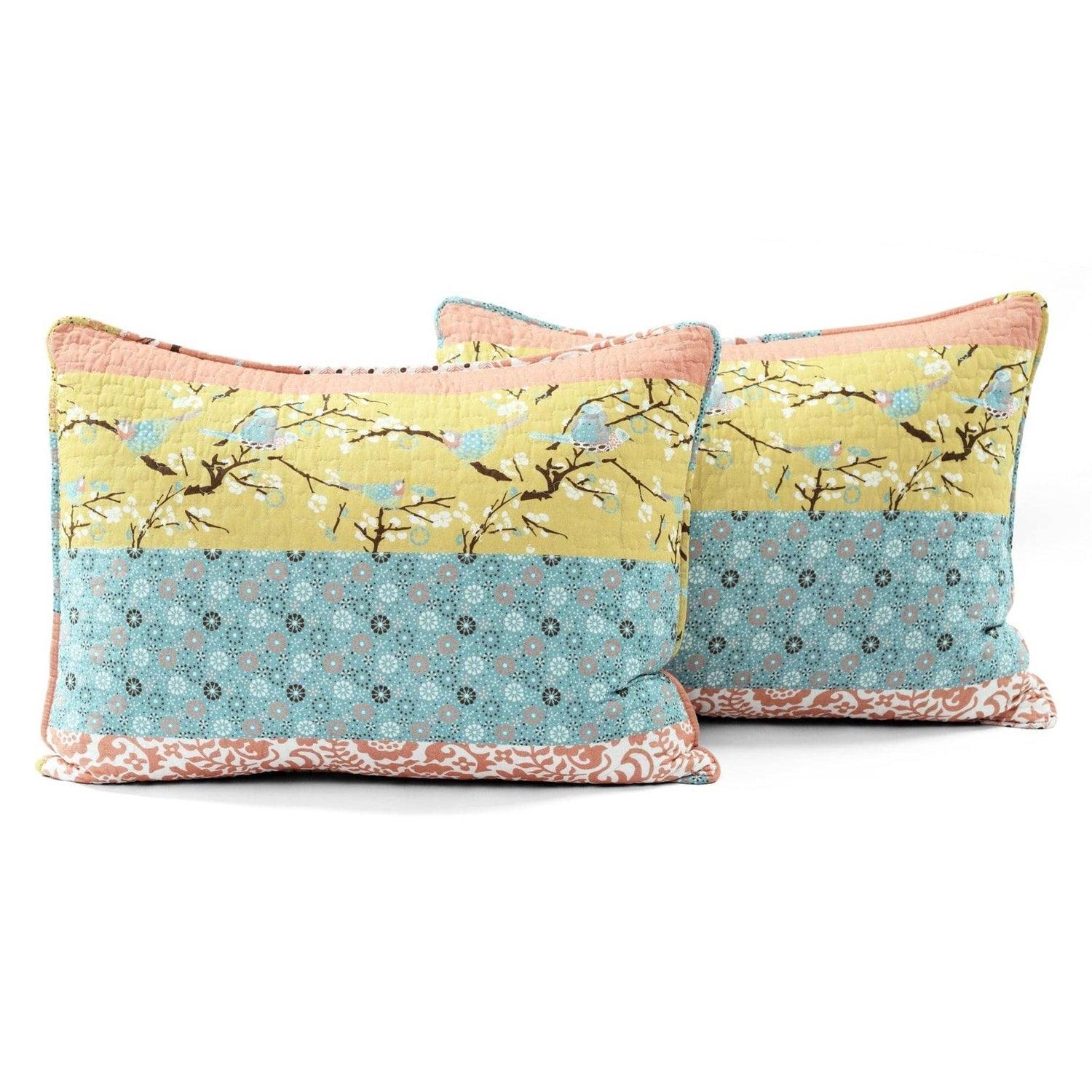 King size Blue Yellow Pink Ivory Boho Floral Reversible Lightweight Quilt Set - PRHOMZ