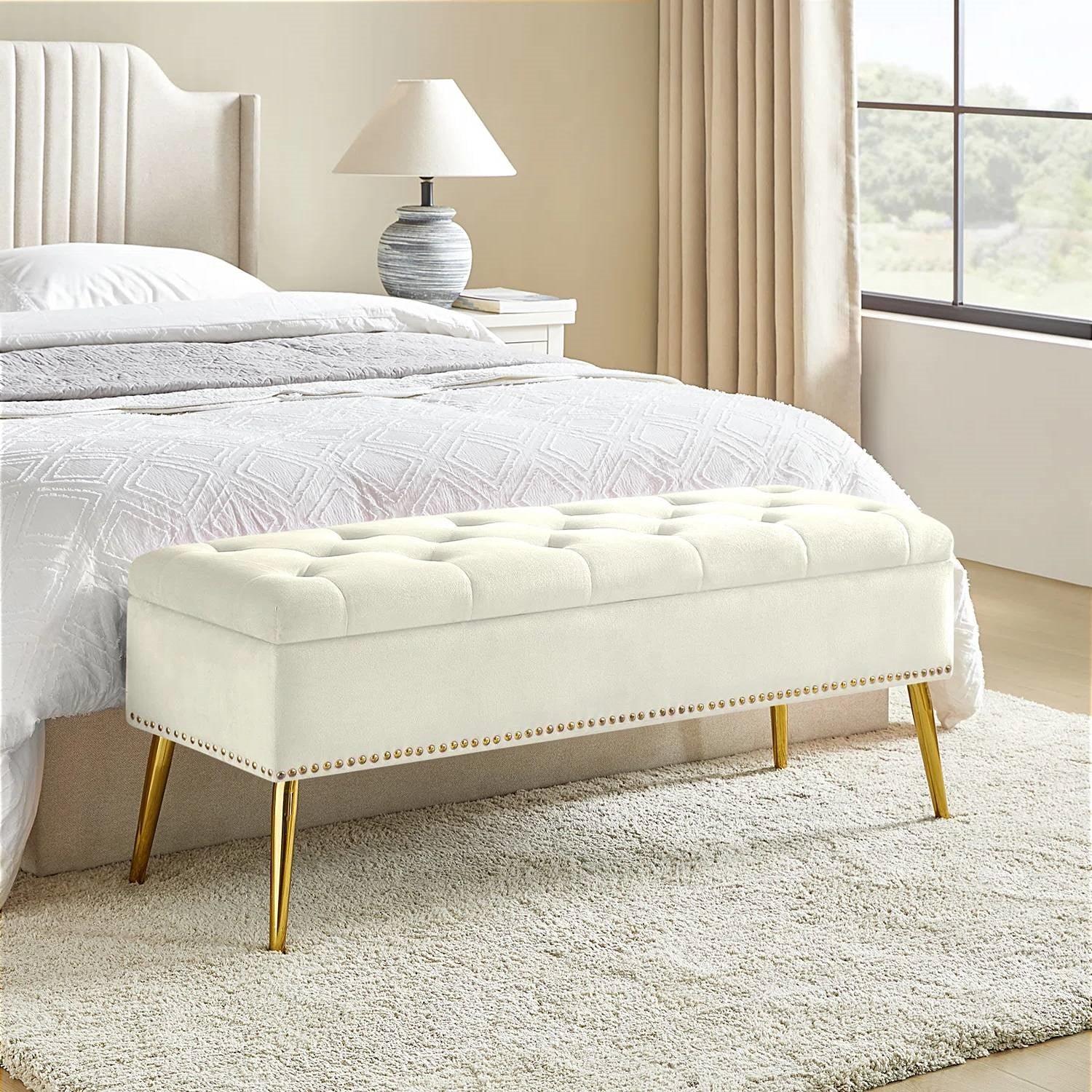 Mid-Century Modern Bed Storage Bench with Ivory Velvet Seat and Gold Legs - PRHOMZ