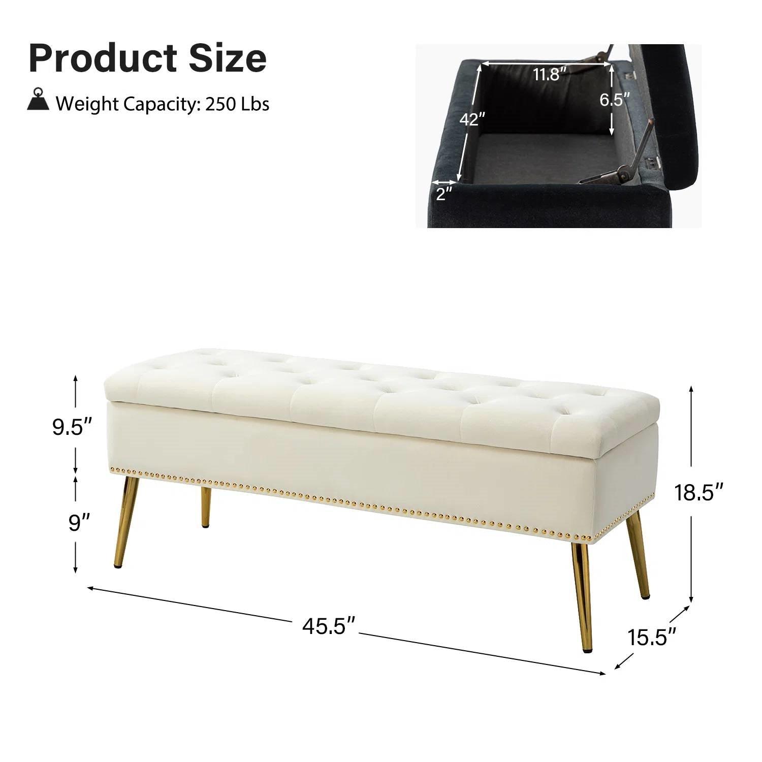 Mid-Century Modern Bed Storage Bench with Ivory Velvet Seat and Gold Legs - PRHOMZ