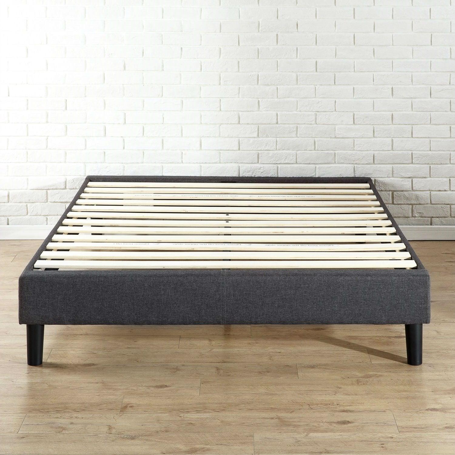 King size Grey Upholstered Platform Bed Frame with Mid-Century Style Legs - PRHOMZ