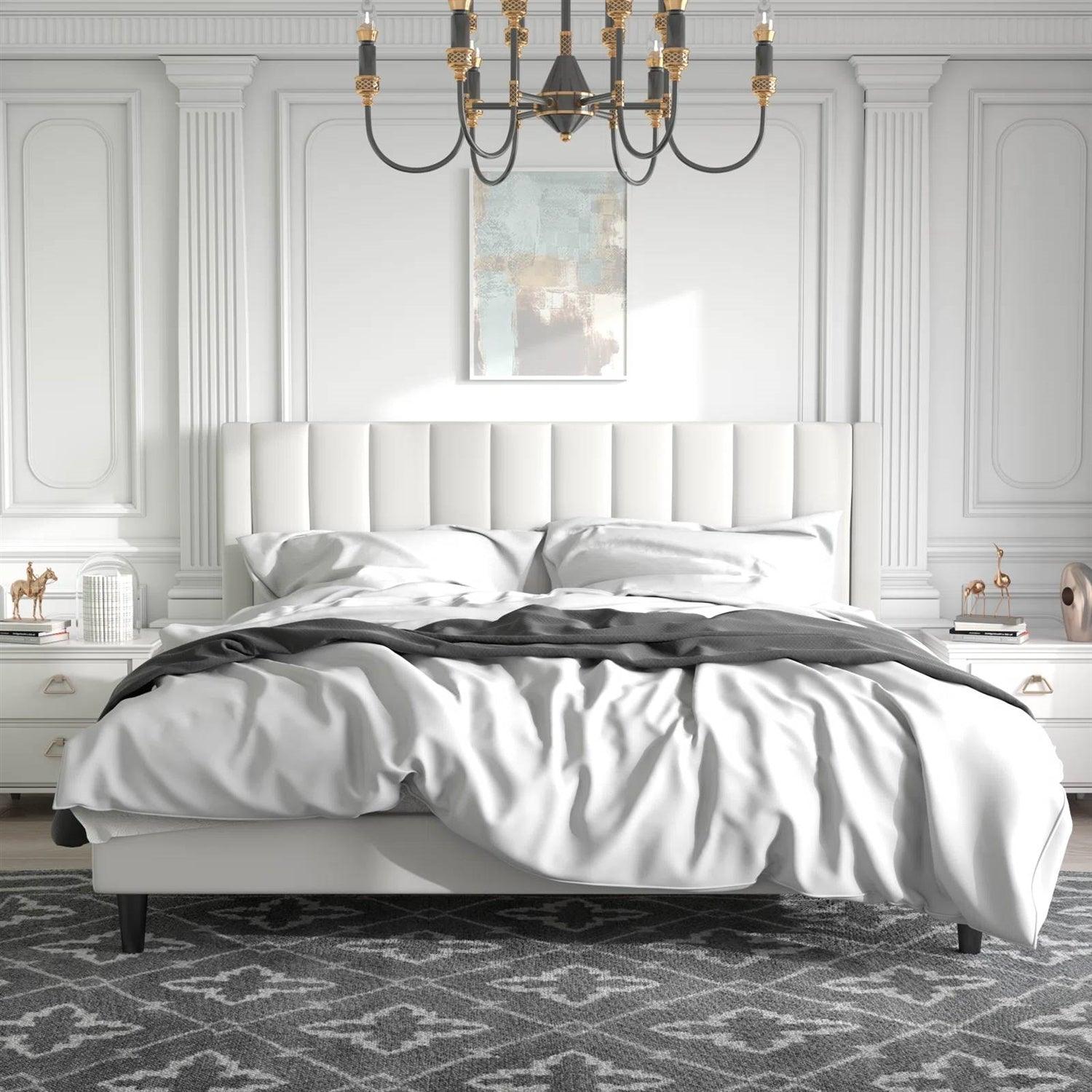 King size White Velvet Upholstered Platform Bed Frame with Headboard - PRHOMZ