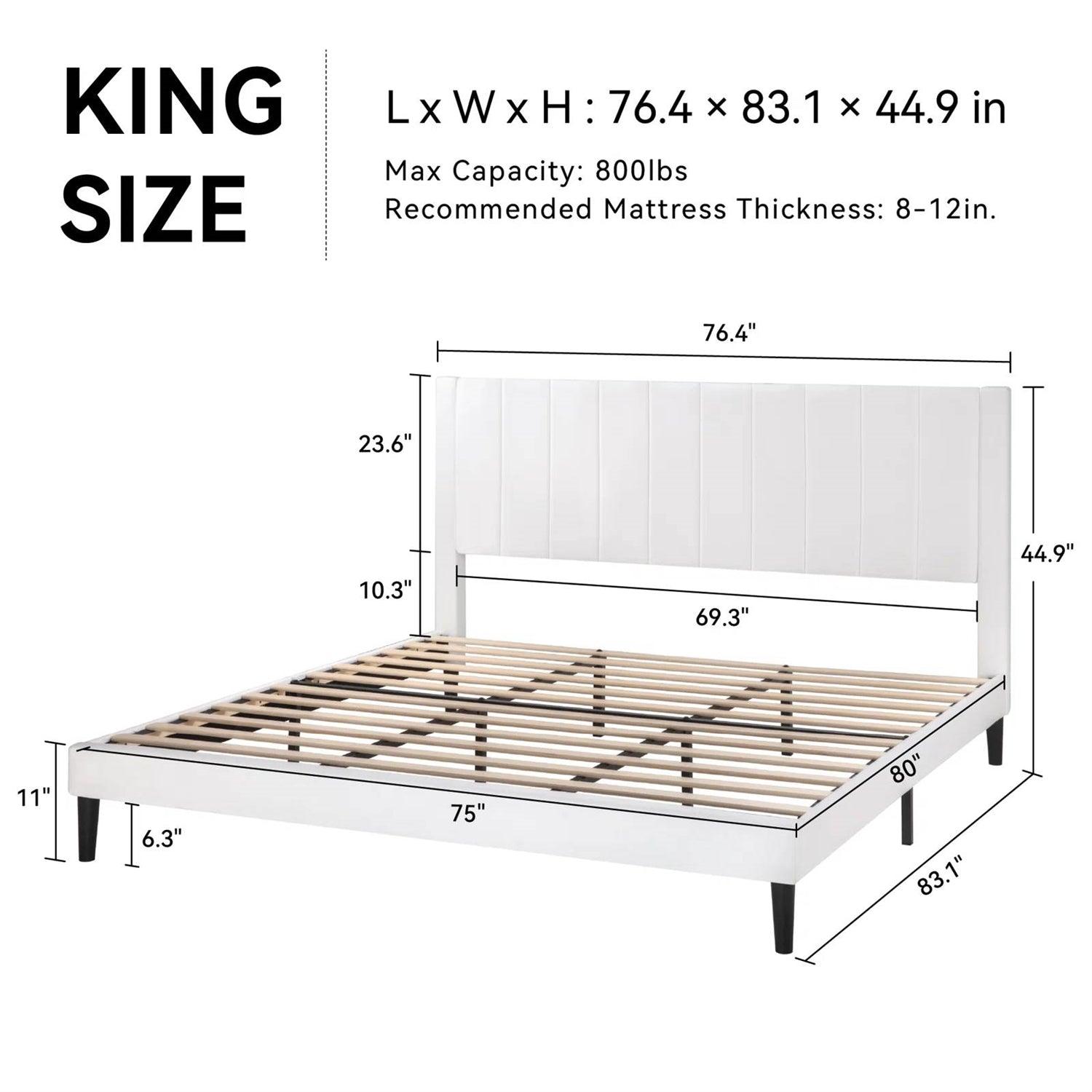 King size White Velvet Upholstered Platform Bed Frame with Headboard - PRHOMZ