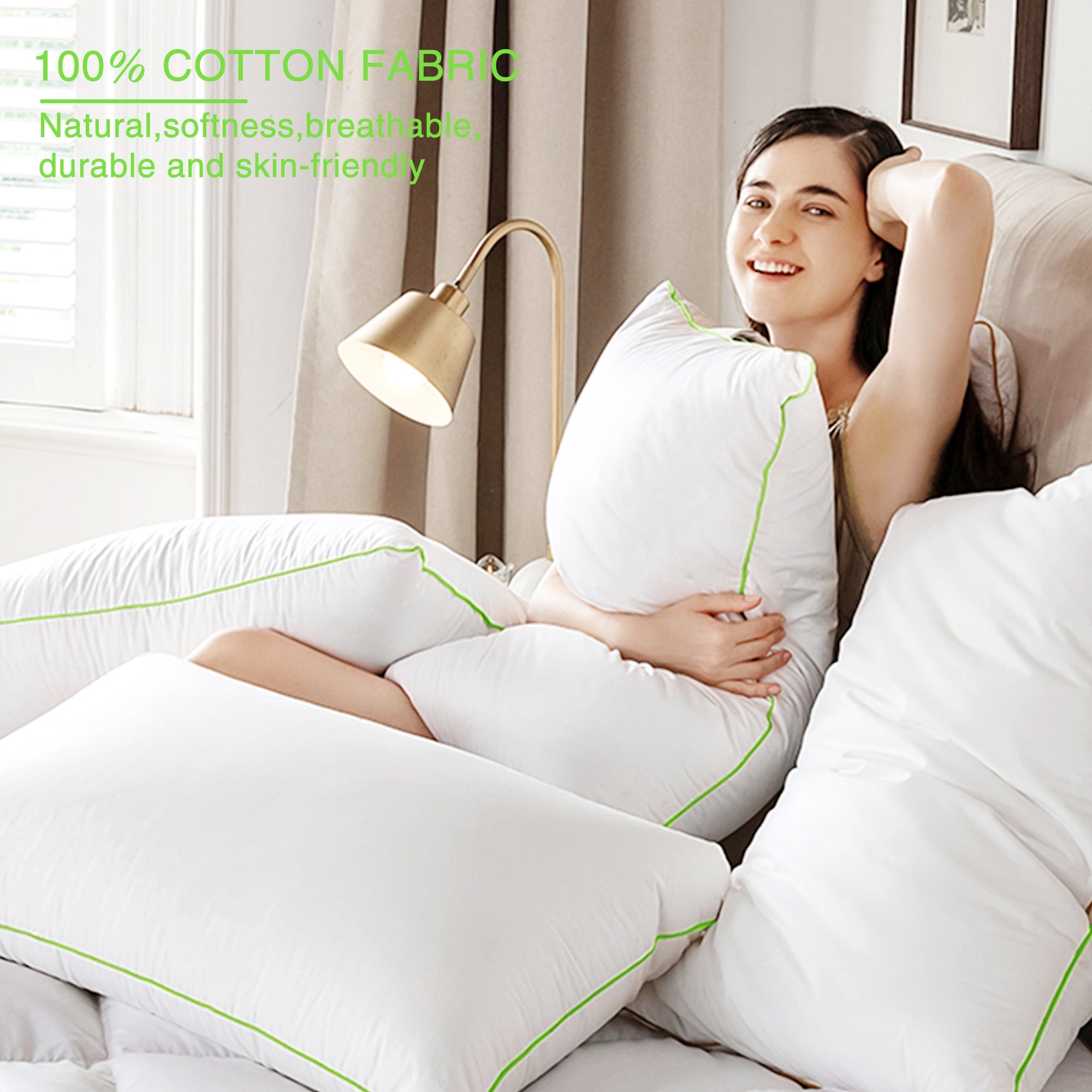 Kasentex Silky Green Piped Edge Goose Down Feather Pillow Set, White