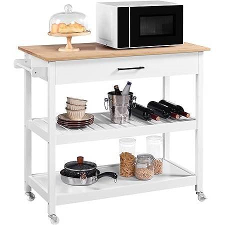 White Kitchen Island Cart with Drawer Storage Shelves and Locking Casters - PRHOMZ