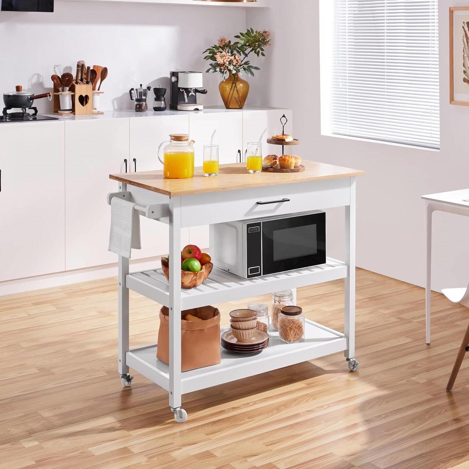 White Kitchen Island Cart with Drawer Storage Shelves and Locking Casters - PRHOMZ