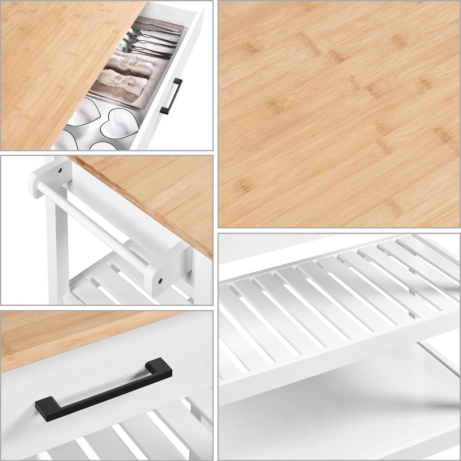 White Kitchen Island Cart with Drawer Storage Shelves and Locking Casters - PRHOMZ