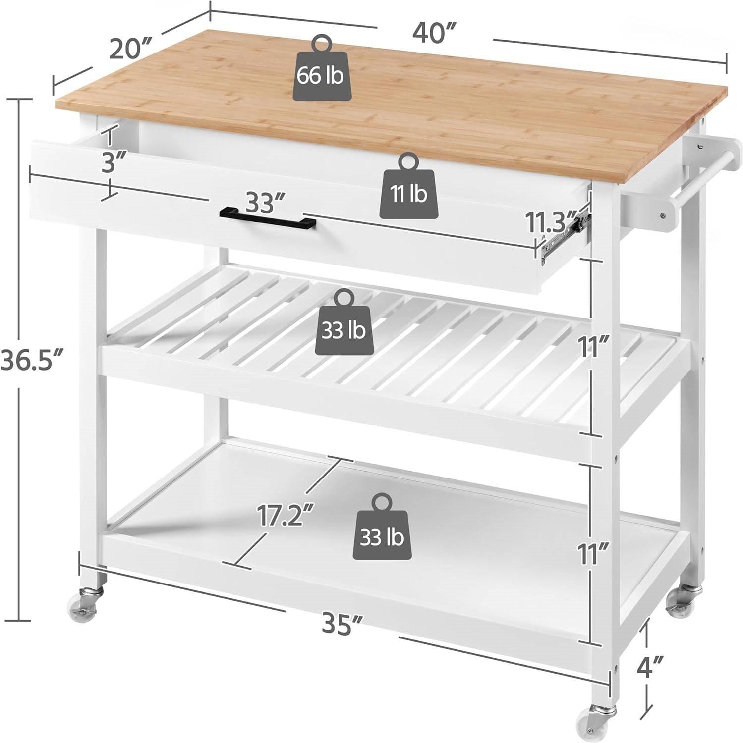 White Kitchen Island Cart with Drawer Storage Shelves and Locking Casters - PRHOMZ
