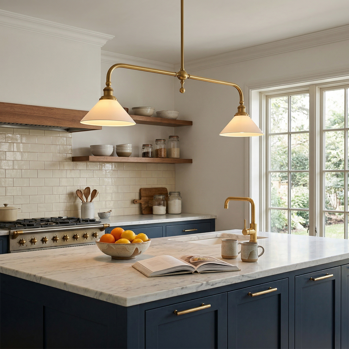 Brass Two-Head Pendant Light with Ceramic Shades | Kitchen Island Fixture