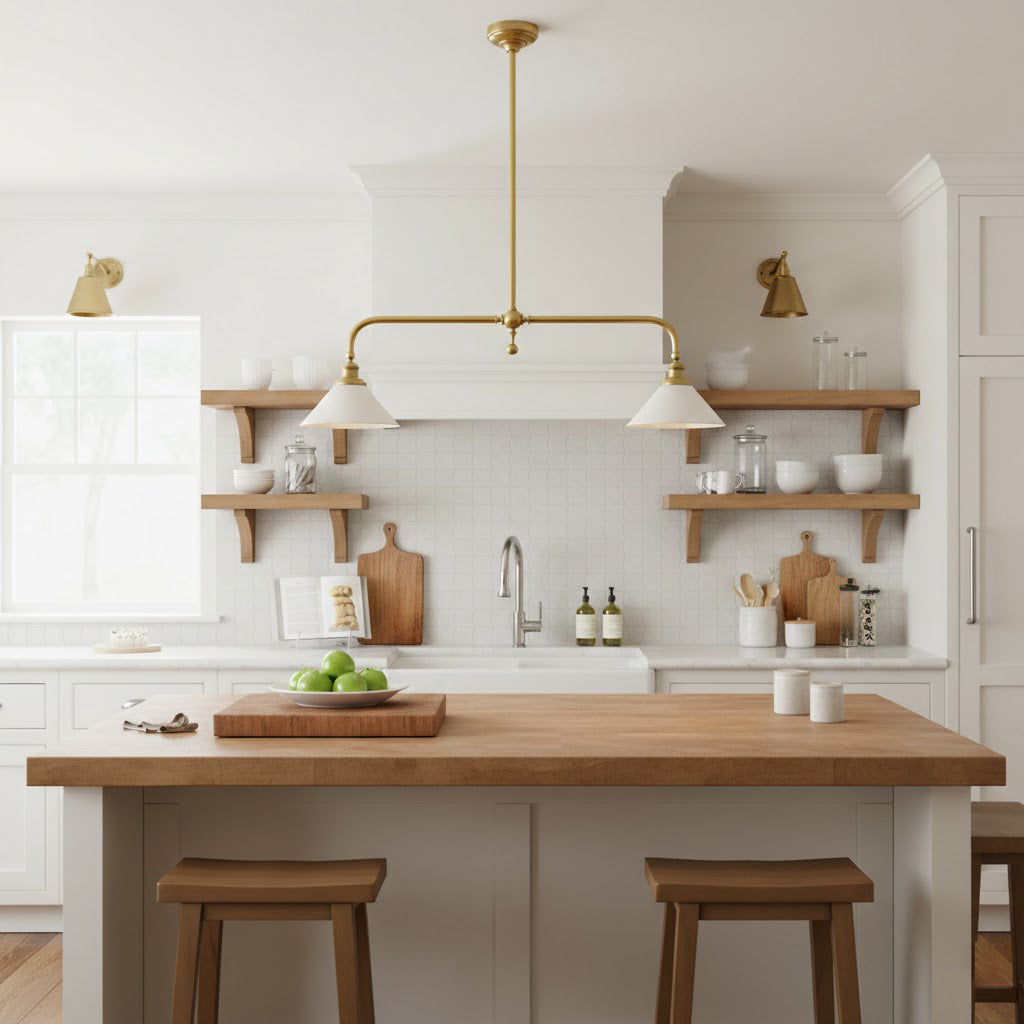 Brass Two-Head Pendant Light with Ceramic Shades | Kitchen Island Fixture