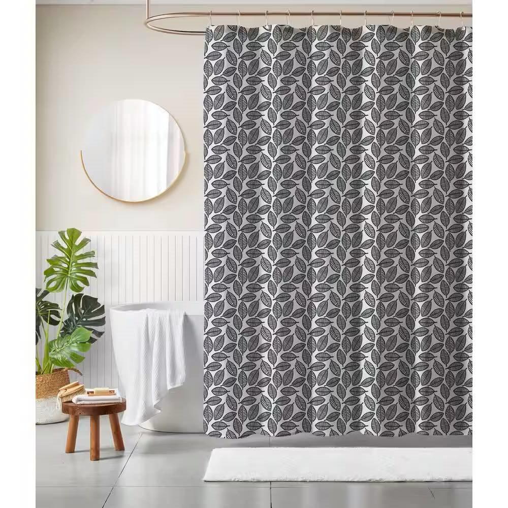 72-inch Black White Leaf Pattern Shower Curtain in 100-Percent Polyester Fabric - PRHOMZ