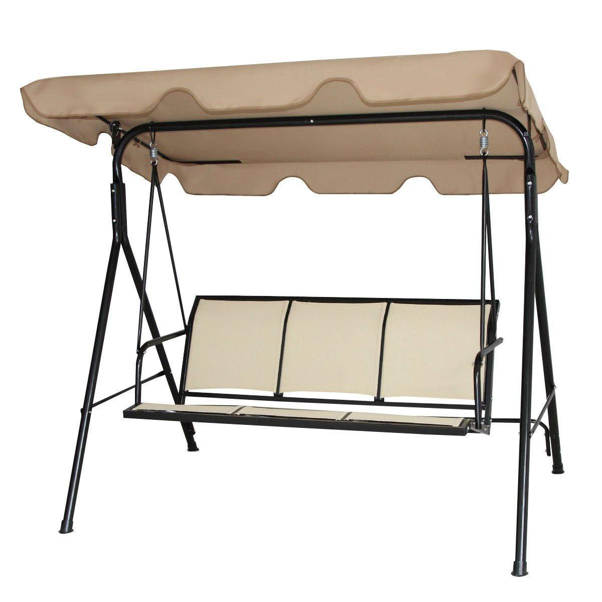 Outdoor Porch Patio 3-Person Canopy Swing in Light Brown - PRHOMZ