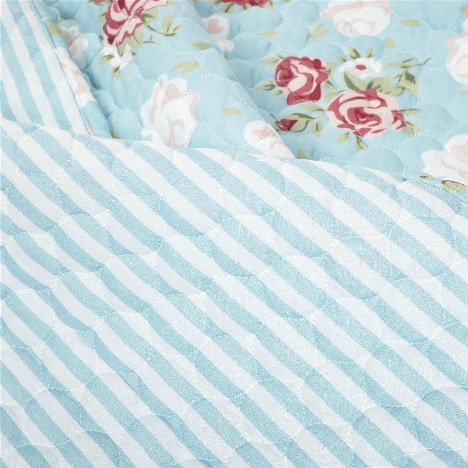 King size Vintage Rose Ruffle Edge Light Quilt Set in Blue White and Pink - PRHOMZ