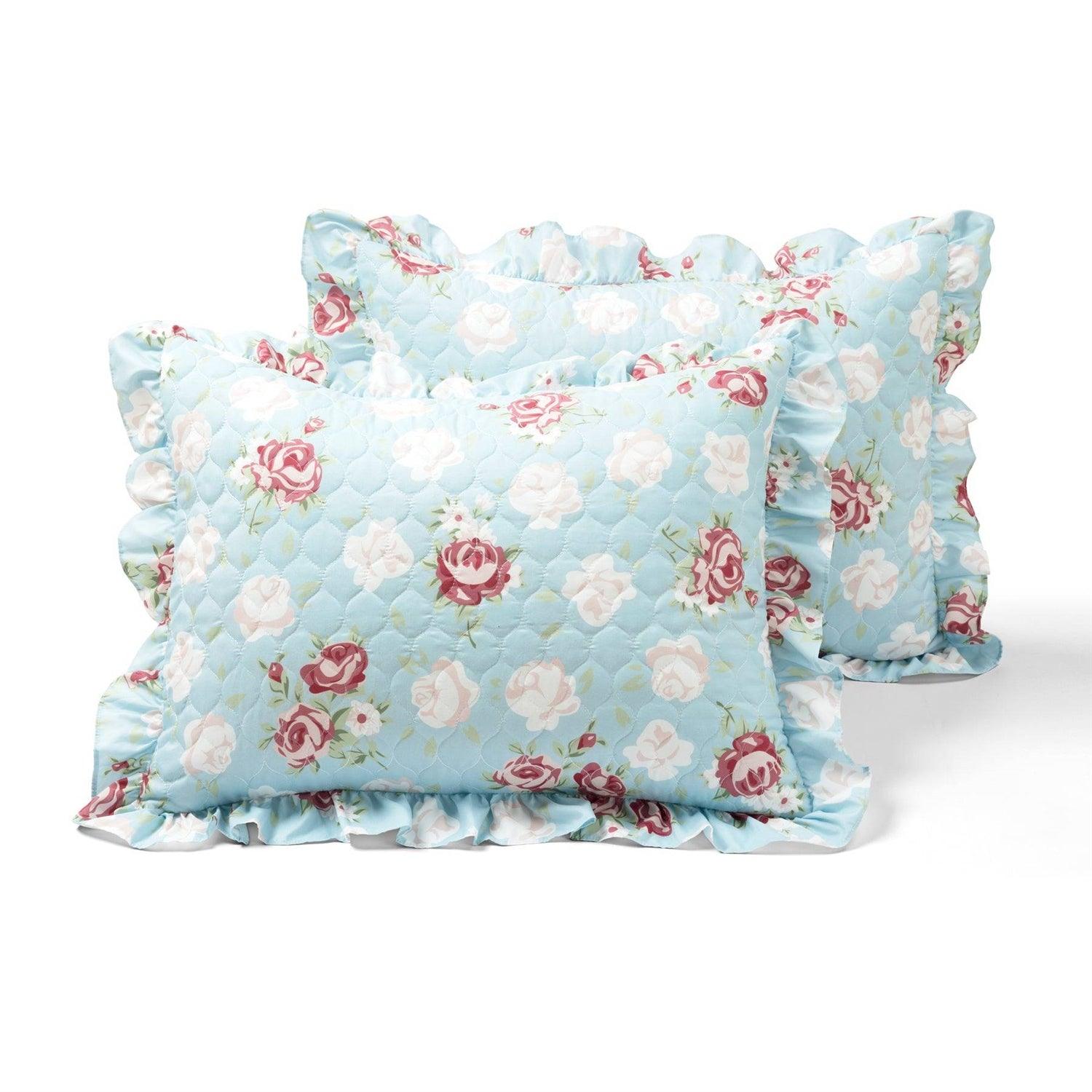 King size Vintage Rose Ruffle Edge Light Quilt Set in Blue White and Pink - PRHOMZ