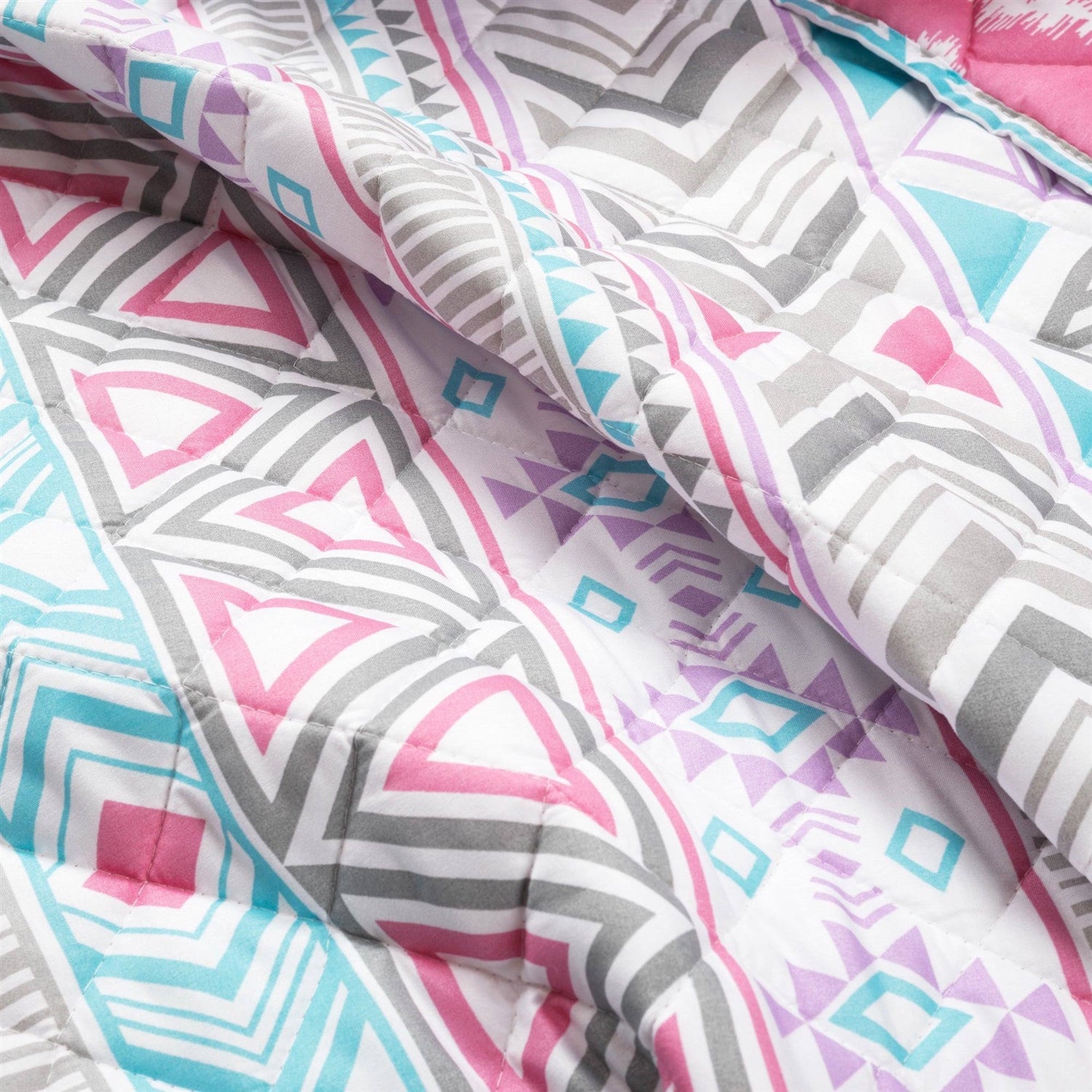Twin Southwest Indian Style Polyester Pink Blue Striped Reversible Quilt Set-2