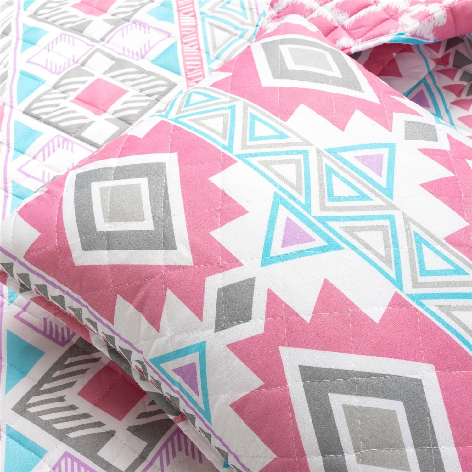 Twin Southwest Indian Style Polyester Pink Blue Striped Reversible Quilt Set-3