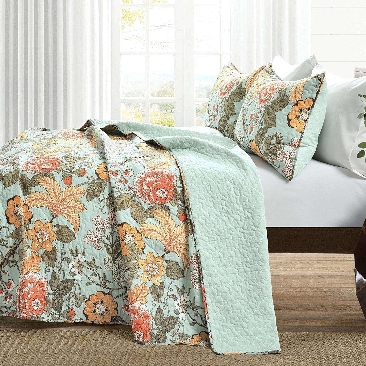 3 Piece FarmHouse Teal Floral Cotton Reversible Quilt Set, King - PRHOMZ