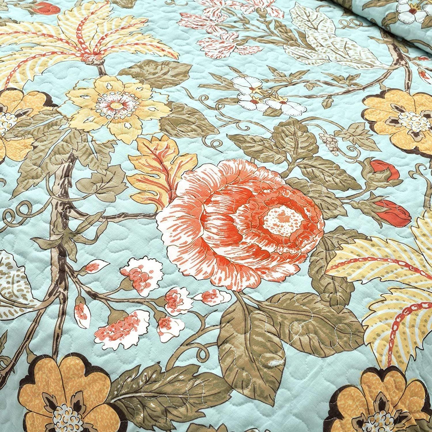 3 Piece FarmHouse Teal Floral Cotton Reversible Quilt Set, King - PRHOMZ