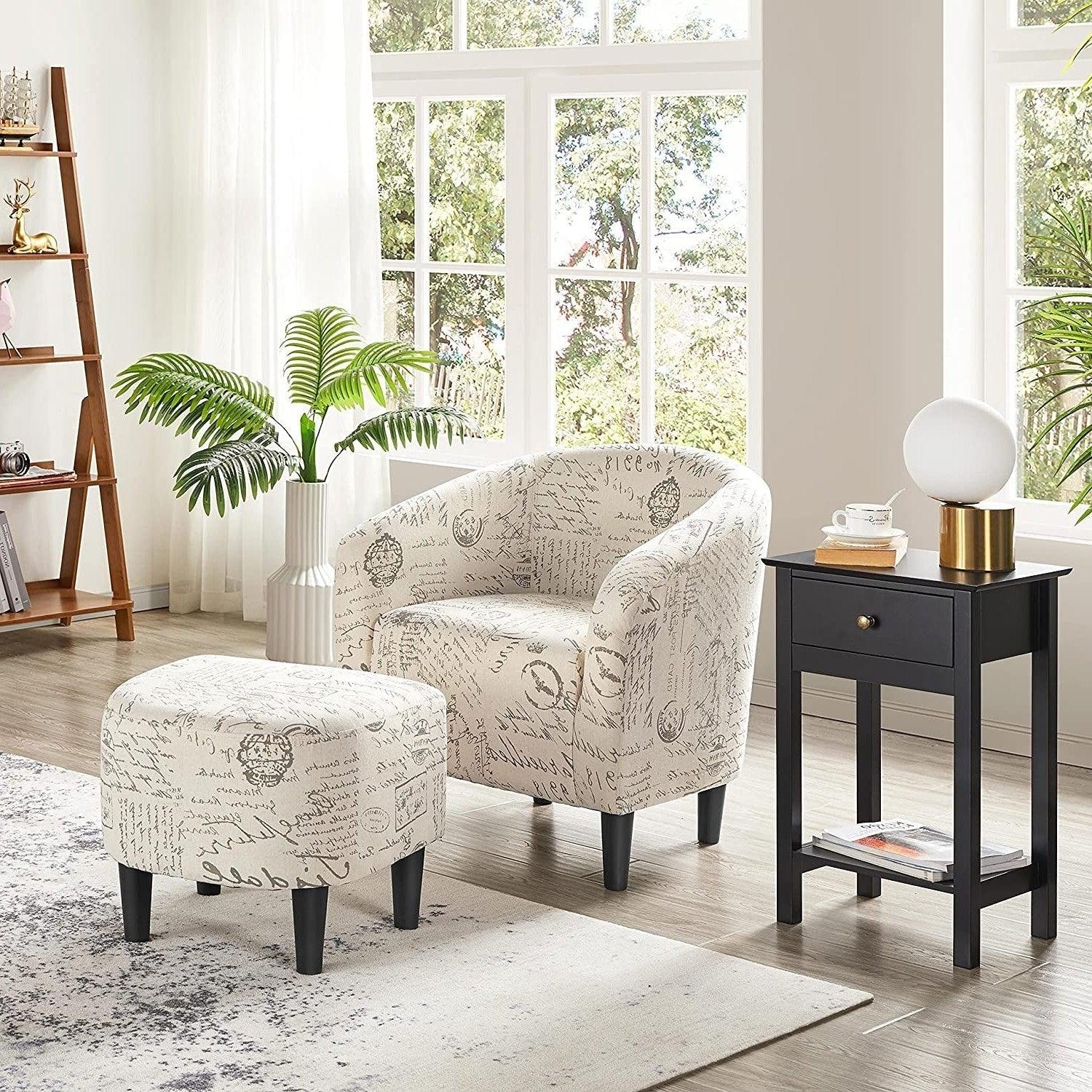 Letter Print French Upholstered Barrel Chair and Ottoman Set - PRHOMZ