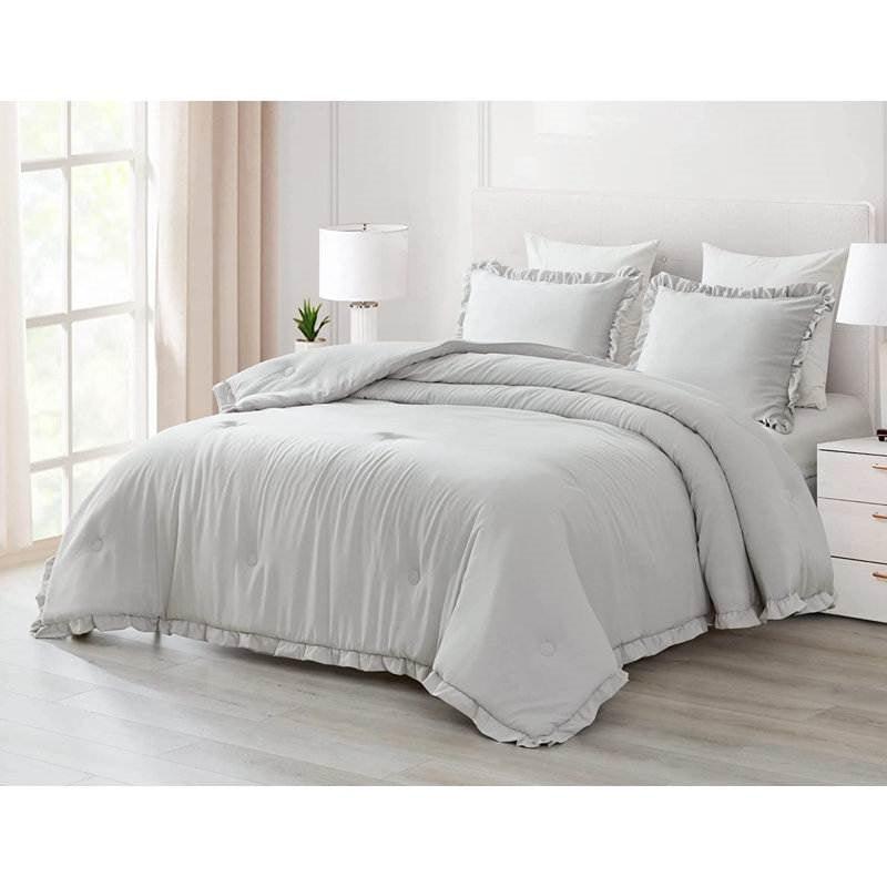 King Oversized Grey Ruffled Edge Microfiber Comforter Set - PRHOMZ